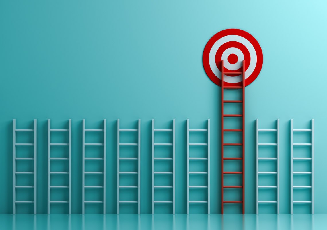 Long red ladder to goal target the business concept on blue pastel color background